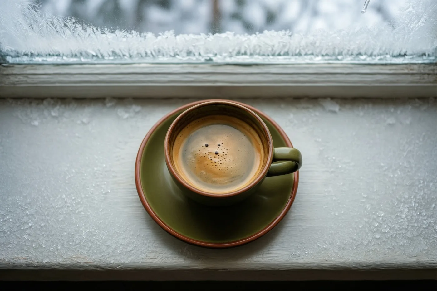 Een kop koffie op een groen schoteltje staat op een berijpte vensterbank voor een bevroren raam met ijspegels buiten.