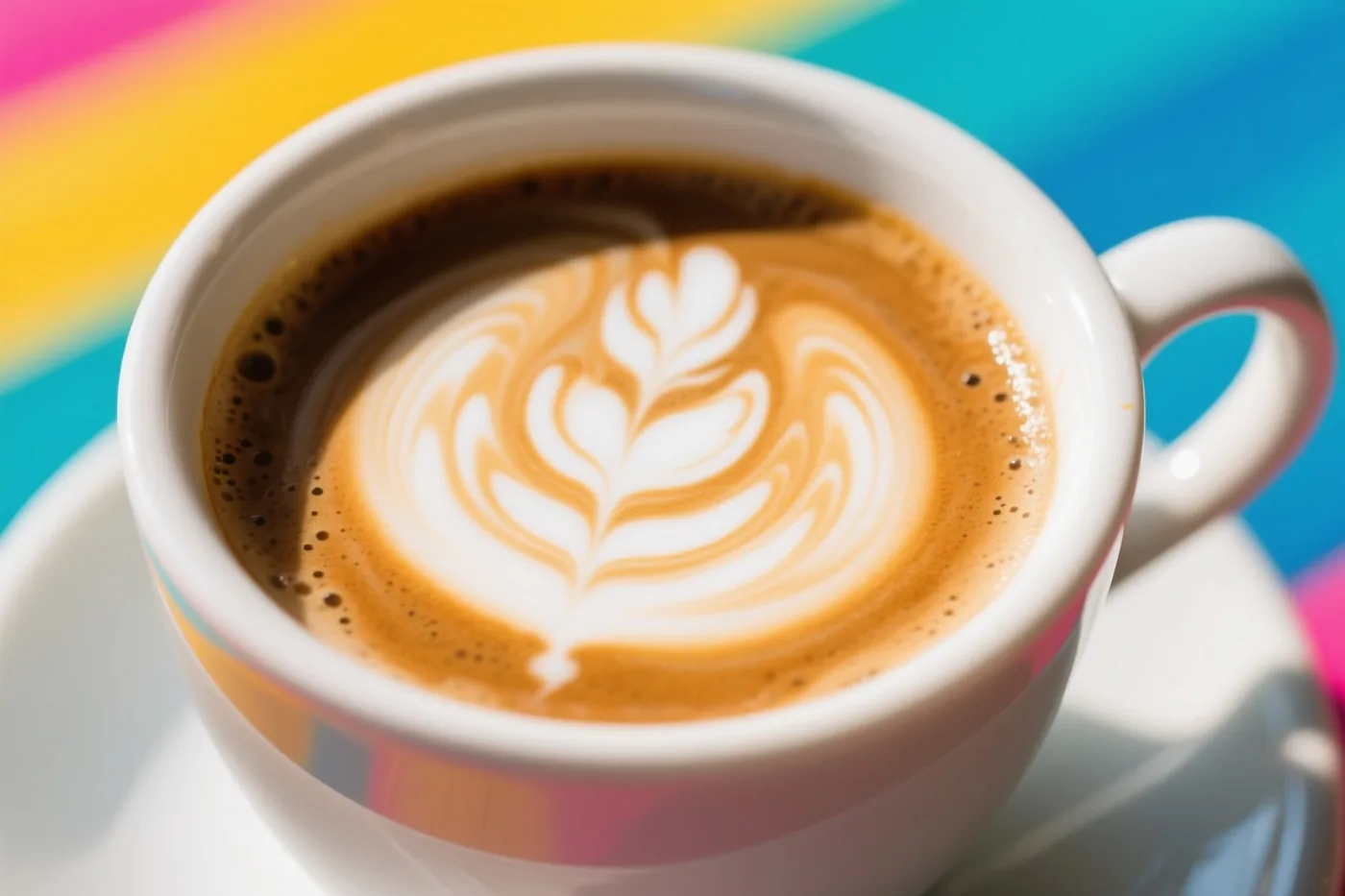 Van bovenaf zie je een witte kop koffie met een figuur in het melkschuim tegen een felgekleurde regenboogachtergrond.