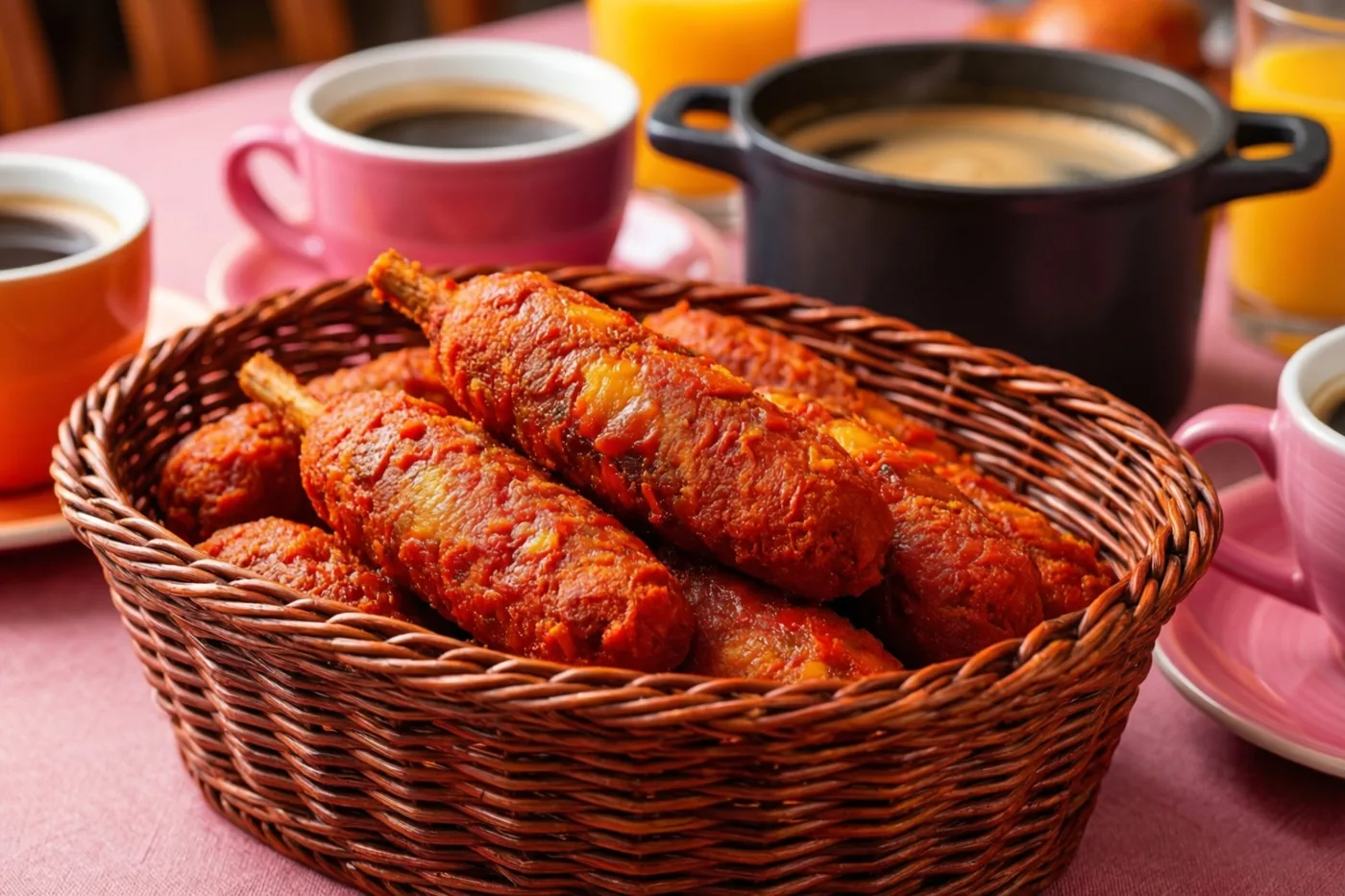 Een rieten mand met gefrituurde hapjes staat op een roze tafelkleed, omringd door koffiekoppen en een koffiepot.