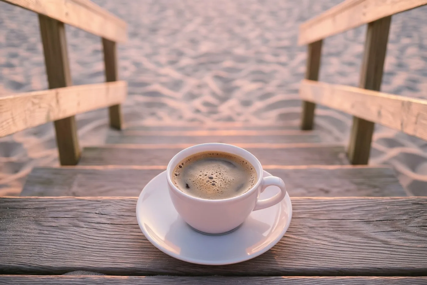 Een witte kop koffie met schuim staat op een schoteltje op verweerde houten treden, met wazig zand en houten leuningen op de achtergrond in warm ochtendlicht.