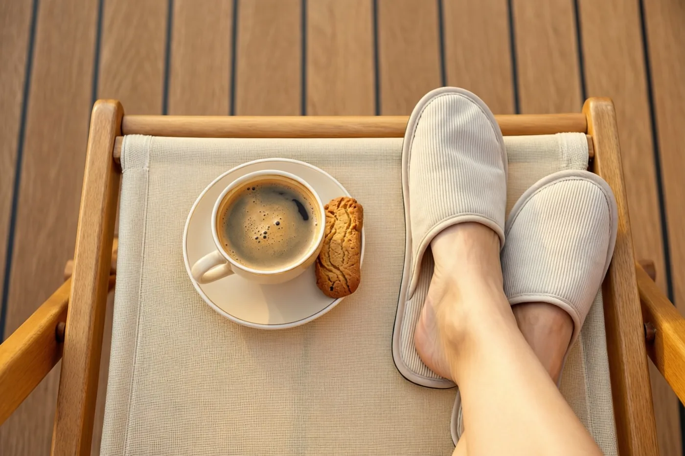 Van bovenaf zijn een kop koffie en een speculooskoekje op een houten ligstoel te zien, met uitgestrekte voeten in pantoffels op een houten terras.