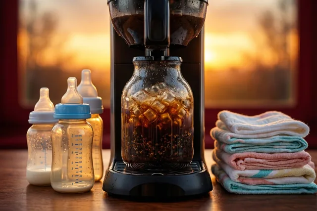 Een koffieapparaat met ijs en koffie staat naast drie babyflesjes en een stapel spuugdoekjes op een houten oppervlak, met een warme zonsopgang door het raam.