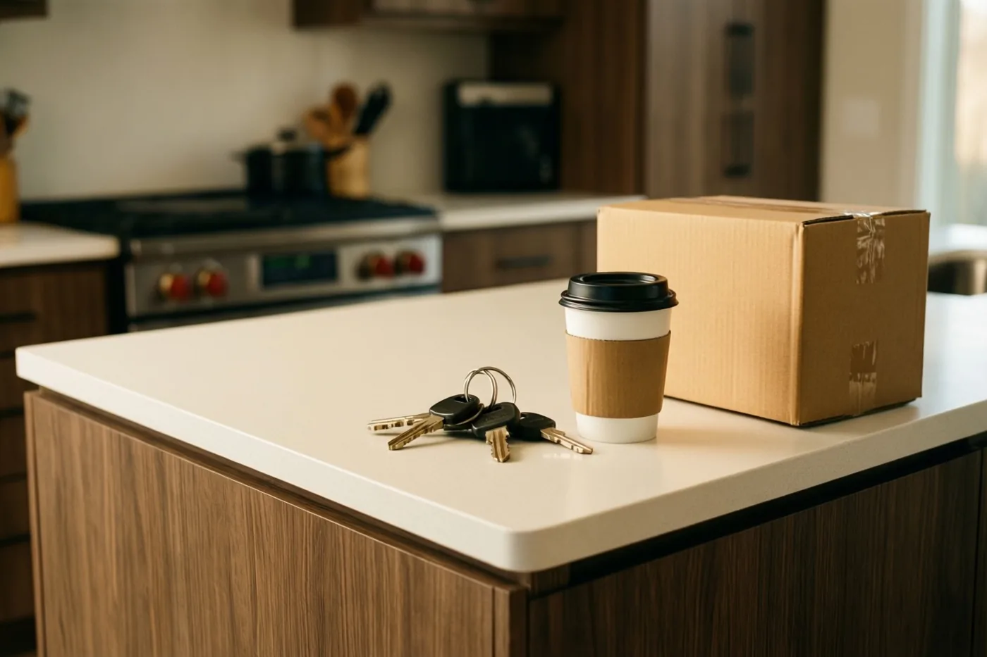Een sleutelbos, een koffiebeker met een hoesje en een kartonnen verhuisdoos staan op een modern kookeiland met een wit werkblad in een keuken met houten kasten.