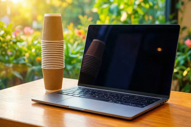 Een stapel bruine papieren koffiebekers staat naast een zilverkleurige laptop op een houten tafel in warm zonlicht, met een wazige tuin op de achtergrond.