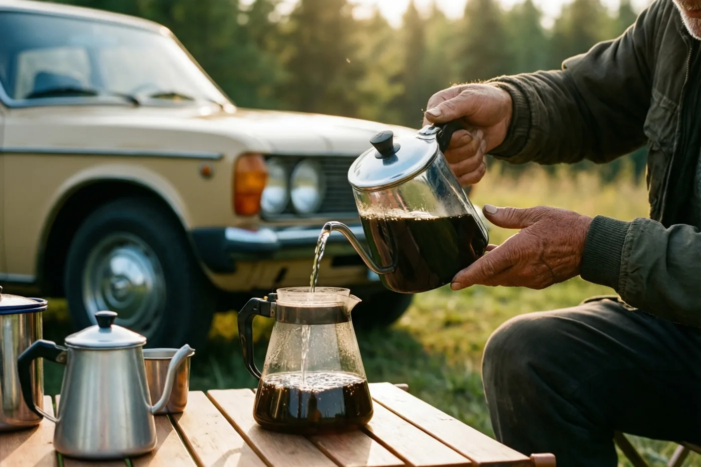 Een oudere persoon giet donkere koffie van een glazen kan in een andere glazen kan op een houten kampeertafel, met een beige oldtimer op de achtergrond in warm, goudkleurig zonlicht.
