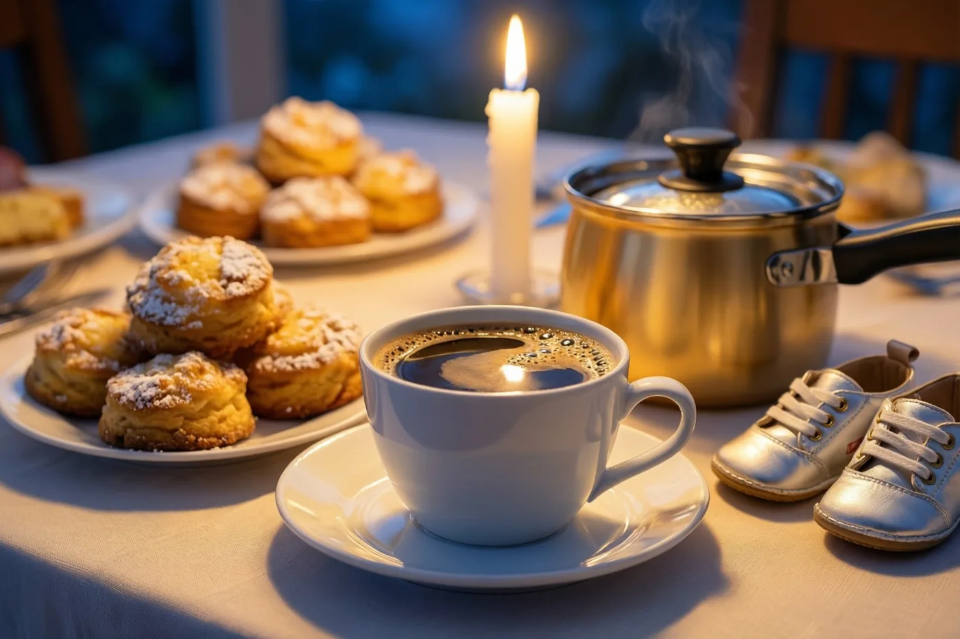 Op een warm verlichte tafel staan een witte kop koffie, borden met koffiekoeken bestrooid met bloemsuiker, een brandende witte kaars, een klein potje en twee zilveren babyschoentjes.