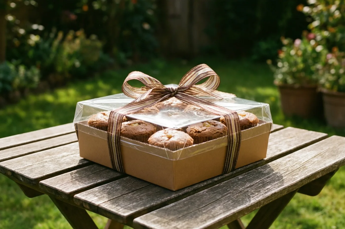 Een doos koffiekoeken met een lint staat op een houten tuintafel in een zonnige tuin met groen gras en onscherp gebladerte.