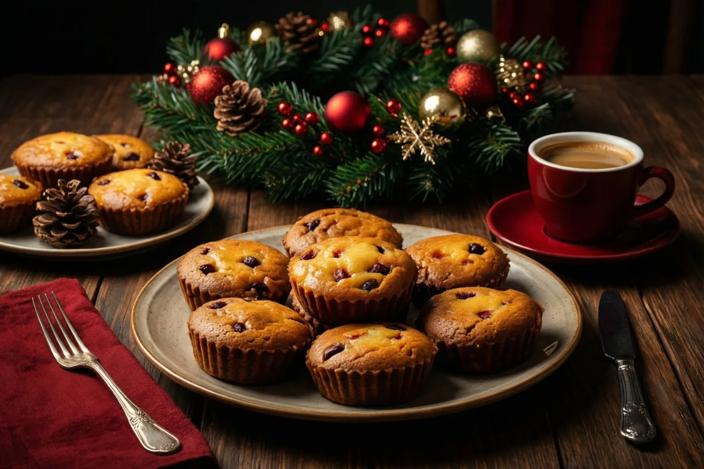 Een bord goudbruine koffiekoeken met zichtbare stukjes fruit staat op een donkere houten tafel naast een rode kop koffie, met een kerstkrans met dennenappels en rode en gouden versieringen op de achtergrond.