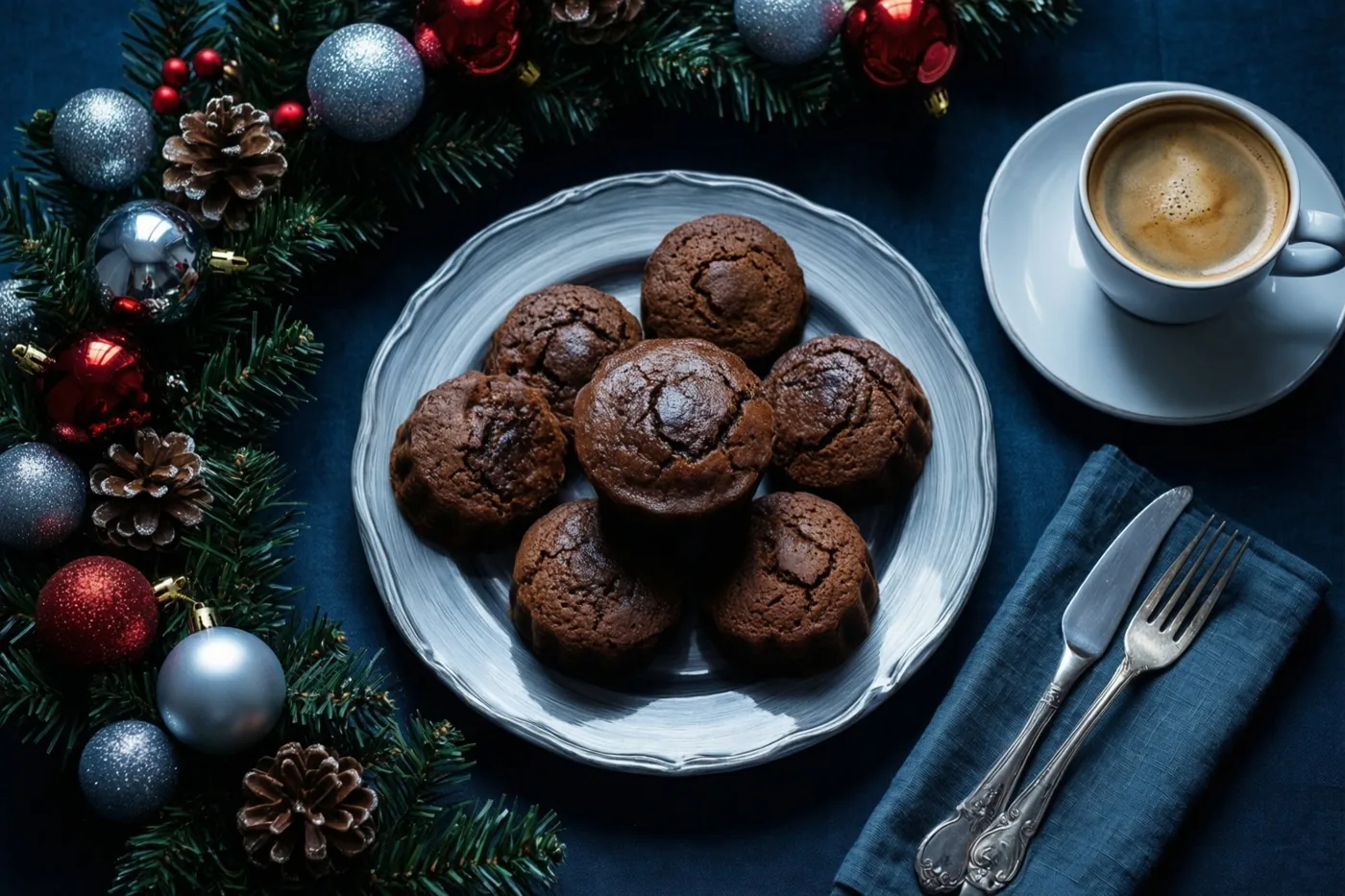 Een bord donkerbruine koffiekoeken staat naast een kop koffie op een donkerblauw tafelkleed, omringd door een kerstkrans met dennenappels en rode en zilveren versieringen.