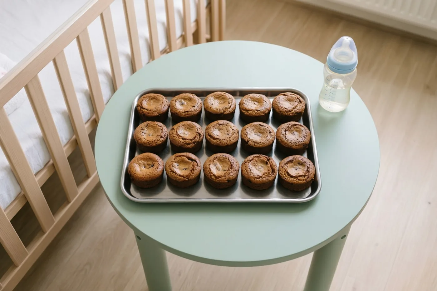 Twaalf goudbruine koffiekoeken liggen op een schaal op een ronde lichtgroene tafel naast een babyfles, met een houten babybedje op de achtergrond.