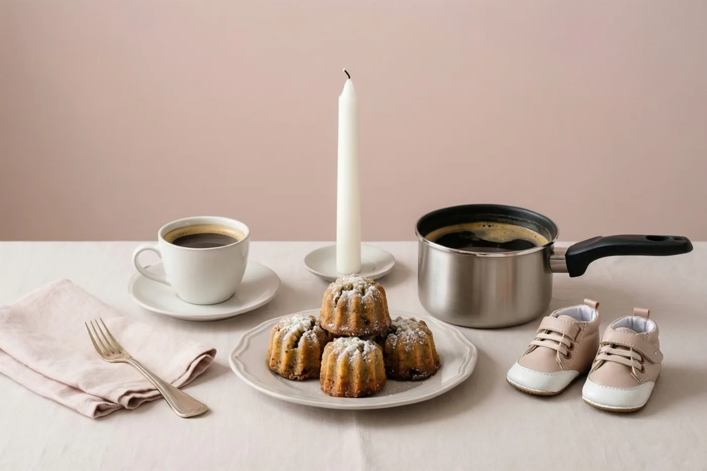Een kop koffie, een bord koffiekoeken, een koffiepot, een witte kaars en twee kleine babyschoentjes staan op een licht tafelkleed tegen een zachtroze achtergrond.