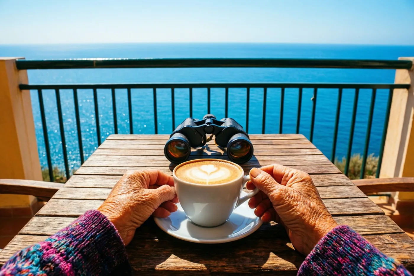 Twee handen van een oudere persoon houden een koffiekop vast op een houten balkontafel met een verrekijker ernaast, boven een uitgestrekte blauwe zee onder een heldere hemel.