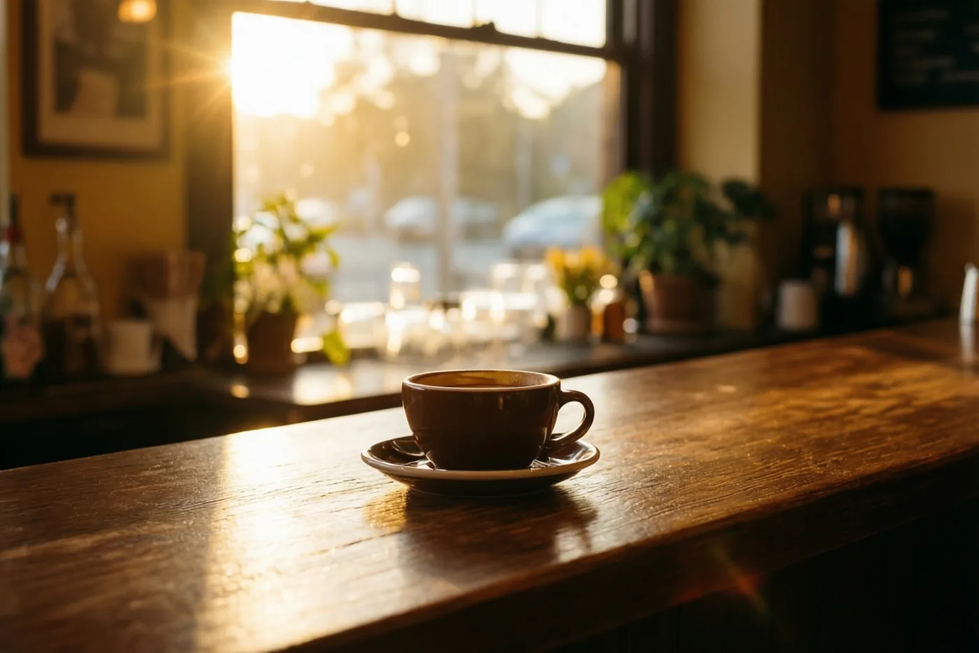 Een bruine keramieken koffiekop staat op een houten toog in een café met warm ochtendlicht door een raam.