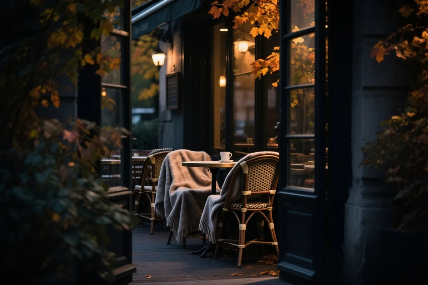 Op een caféterras staan rieten stoelen met dekens en een wit koffiekopje op een tafeltje, verlicht door warme binnenlampen tussen oplichtende herfstbladeren.