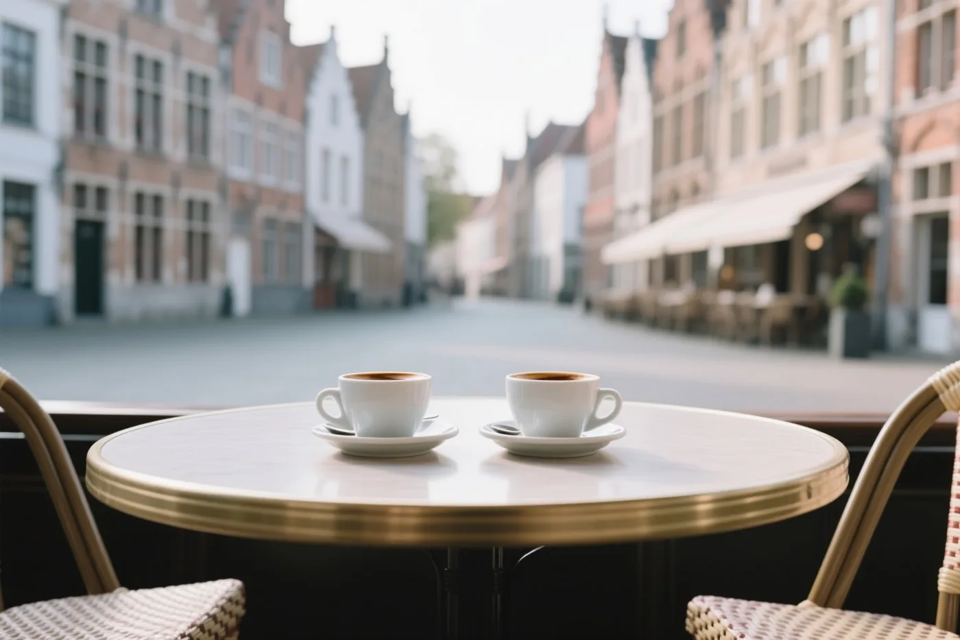 Twee witte koffiekopjes staan op een ronde cafétafel met een gouden rand, met uitzicht op een rustige straat met historische Vlaamse gebouwen in zacht daglicht.