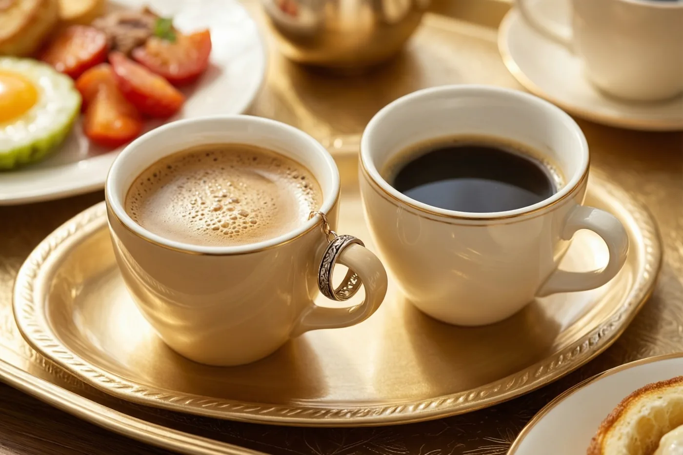 Twee koffiekopjes staan op een goudkleurig dienblad, met een ring aan het oor van één kopje en ontbijt op de achtergrond in warme goud- en crèmetinten.