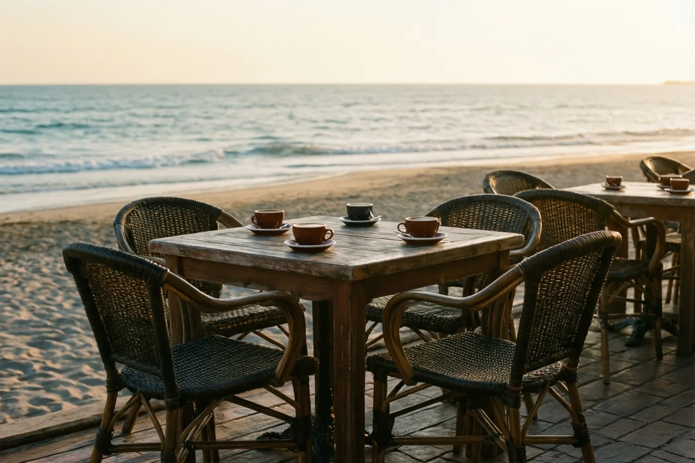 Op een strandterras staan een houten tafel met koffiekopjes en rieten stoelen in goudkleurig ochtendlicht, met uitzicht op zee.