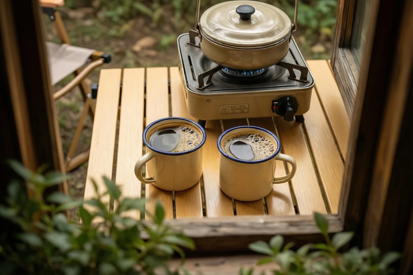 Door een houten raamkozijn zijn twee emaille koffiemokken op een houten kampeertafel te zien naast een oud kooktoestel met een pot erop, met groen op de voorgrond.