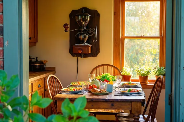 In een landelijke keuken staat een houten ontbijttafel met eten en potplanten in de ochtendzon, met een oude koffiemolen aan de muur erboven.