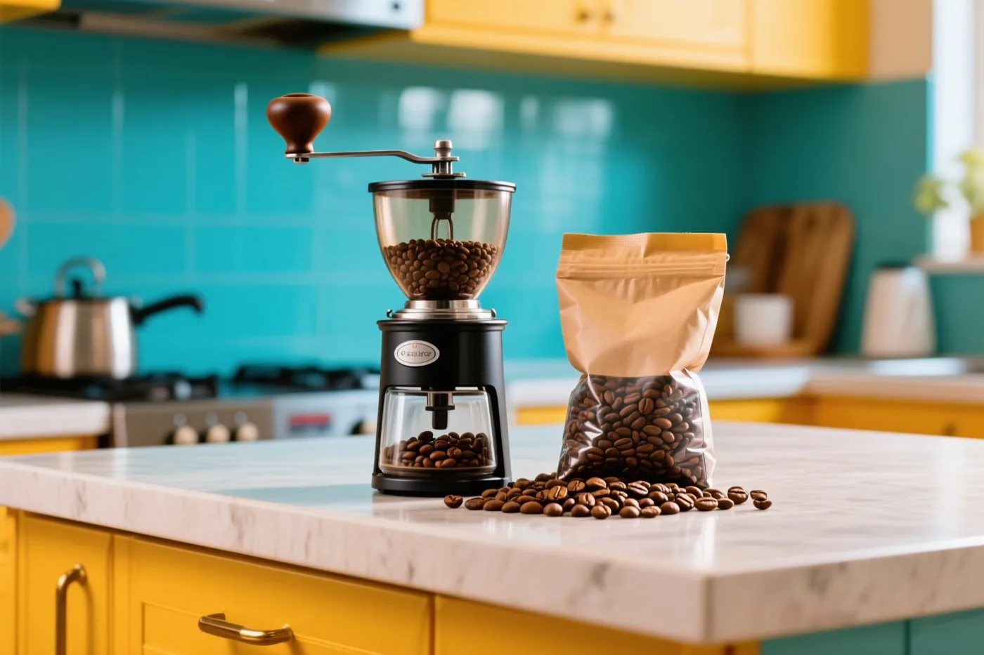Een handmatige koffiemolen en een zak koffiebonen staan op een werkblad in een helder verlichte keuken met gele kasten en turquoise wandtegels.