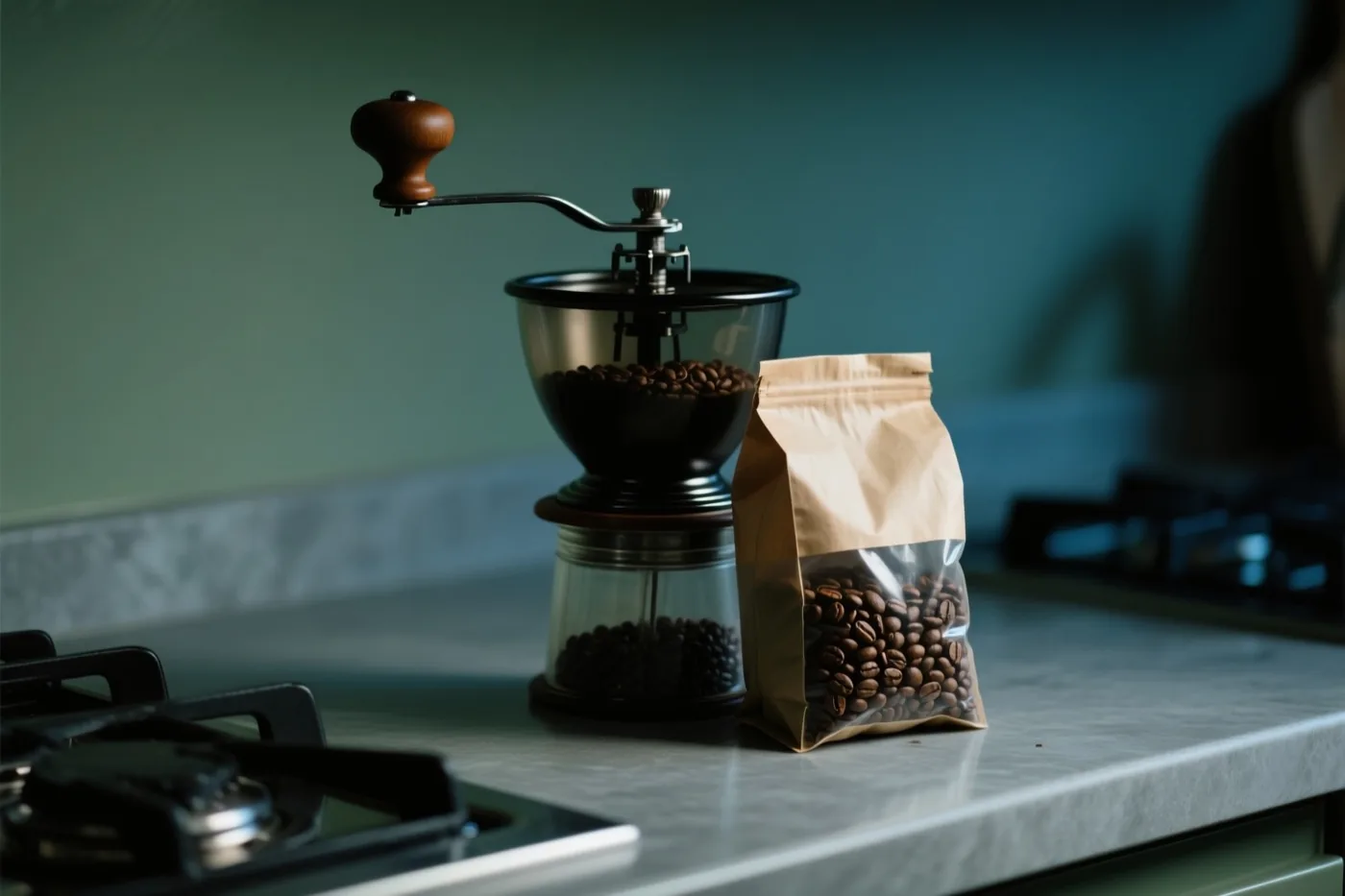 Een handmatige koffiemolen en een bruine papieren zak met koffiebonen staan op een lichtgrijs keukenwerkblad in zacht, koel licht.