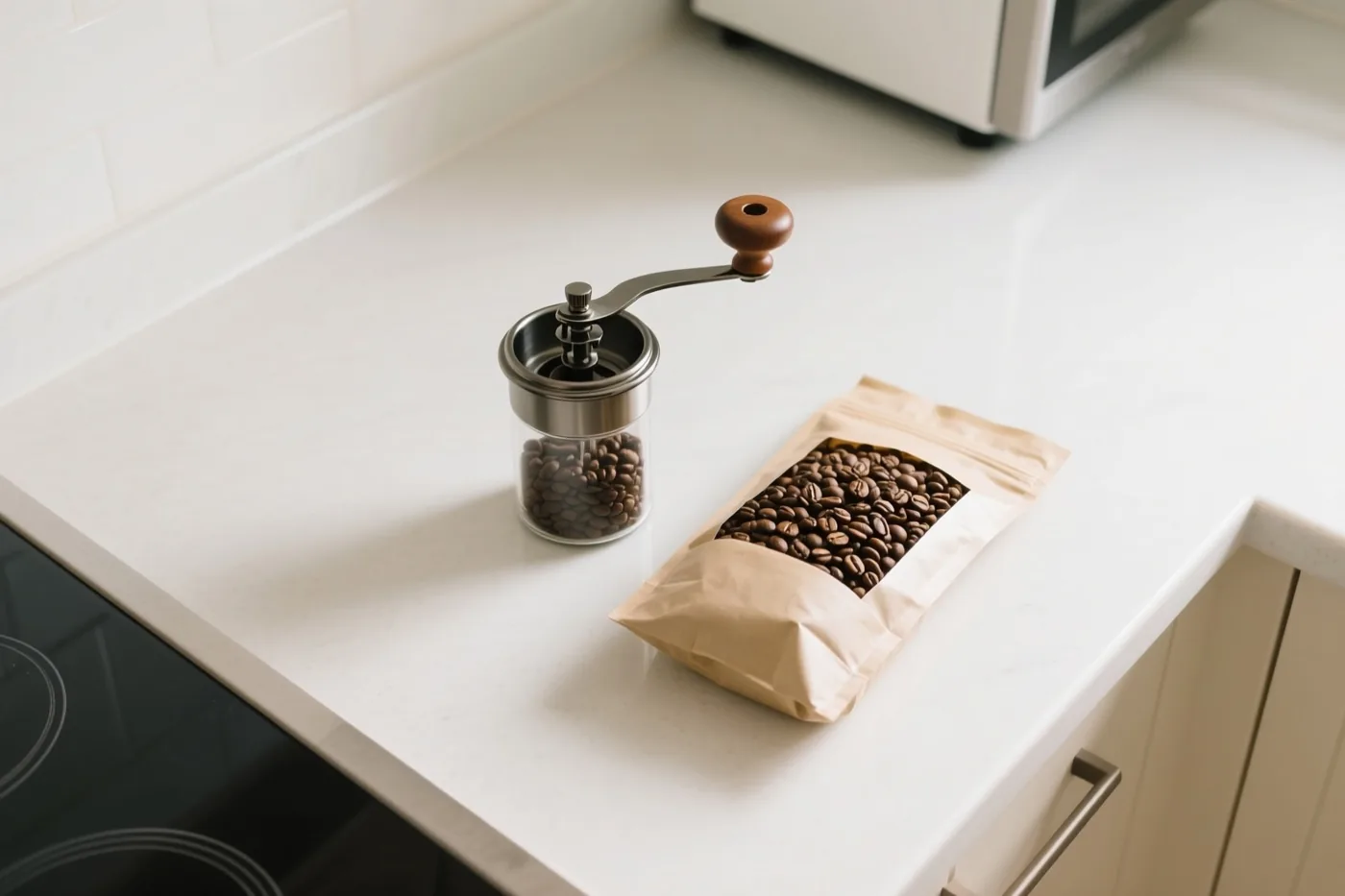 Een handmatige koffiemolen met een houten handvat en een zak koffiebonen staan op een wit werkblad in een moderne keuken met neutrale tinten.