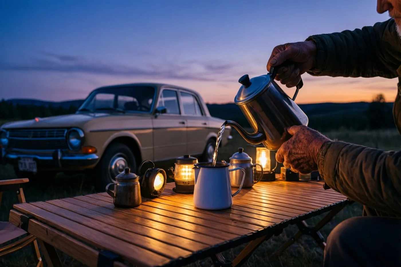 Een oudere persoon giet warme vloeistof uit een metalen koffiepot in een witte geëmailleerde mok op een houten kampeertafel, met een oldtimer op de achtergrond onder een schemerlucht en warm lantaarnlicht.