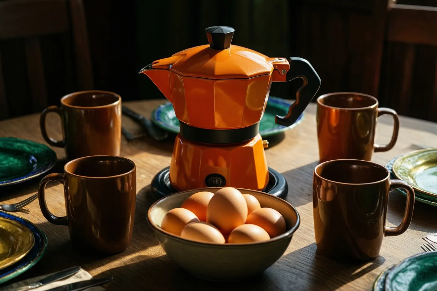 Op een houten ontbijttafel staan een oranje koffiepot, bruine mokken, een kom eieren en kleurrijke borden in de ochtendzon.