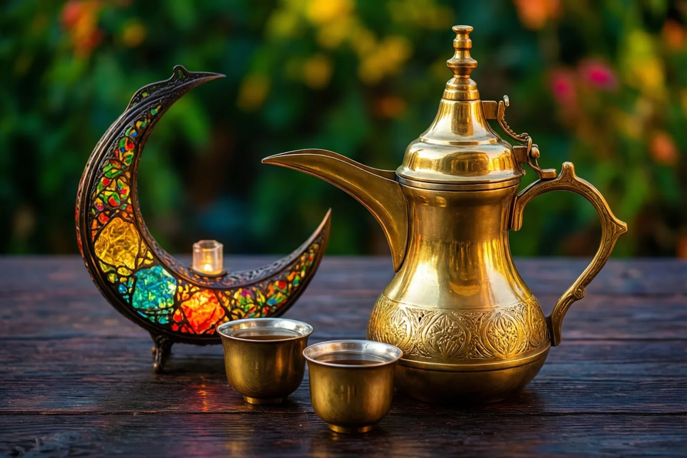 Een glanzende messing dallah-koffiepot en twee kleine kopjes staan op een donkerhouten tafel naast een maansikkellantaarn van kleurrijk glas-in-lood, met onscherp groen-geel gebladerte op de achtergrond.