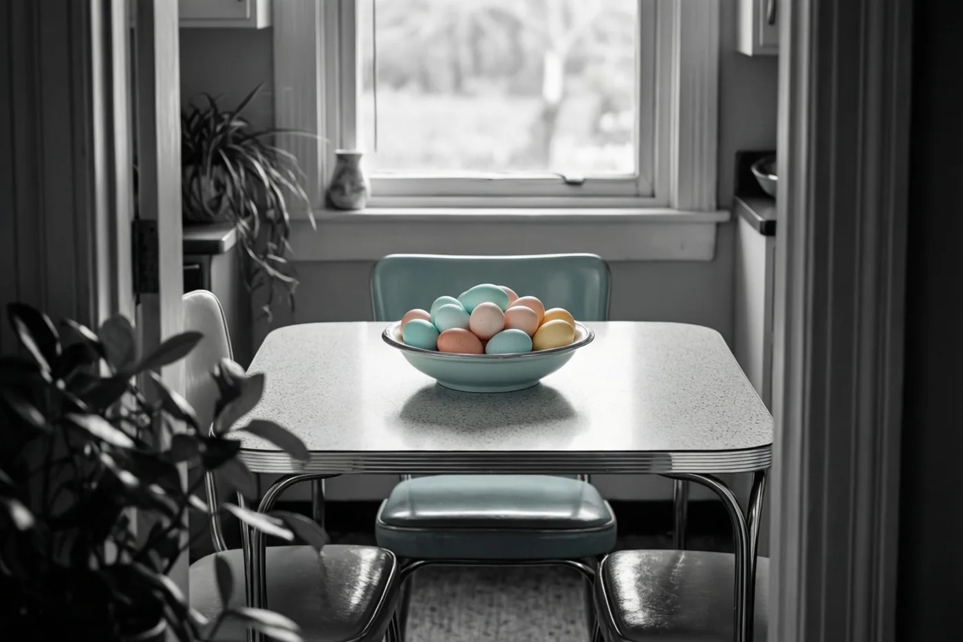 Een kom met pastelkleurige paaseieren staat op een formica keukentafel in jaren-vijftigstijl, in een vintage keuken met gedempte kleuren en daglicht.