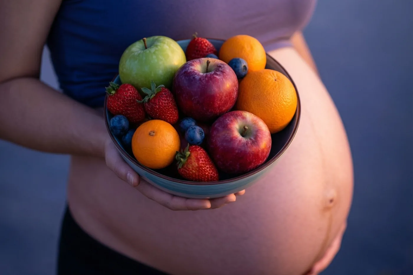 Een zwangere vrouw houdt een kom vers fruit tegen haar ronde buik, van opzij gezien in zacht warm licht met rode, groene en oranje tinten.