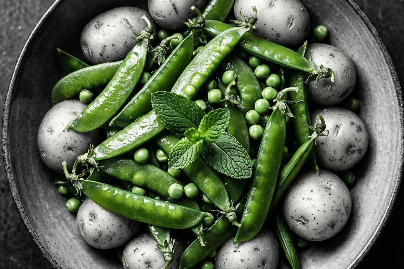 Van bovenaf is een kom met groene erwtenpeulen, losse muntblaadjes en kleine nieuwe aardappelen te zien tegen een donkere achtergrond met structuur.