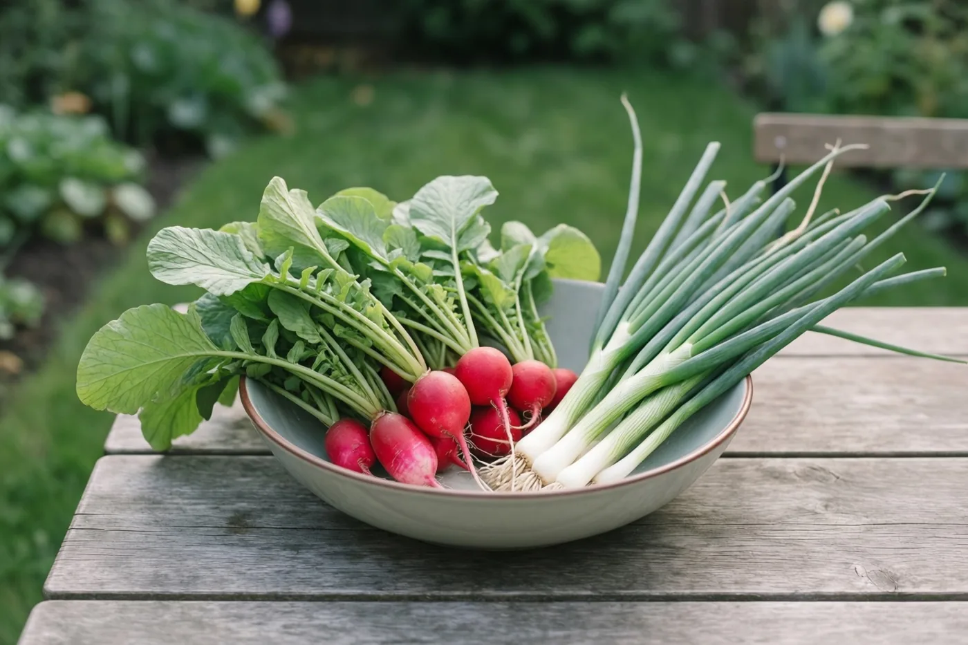 Een kom met verse radijzen en lente-uitjes staat buiten op een verweerde houten tuintafel met een wazige groene tuin op de achtergrond.