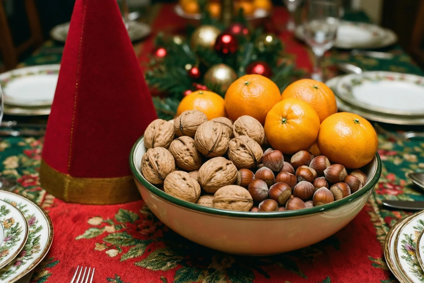 Een kom met walnoten, hazelnoten en mandarijnen staat op een feestelijk tafelkleed naast een rode mijter, met kerstversiering op de achtergrond.