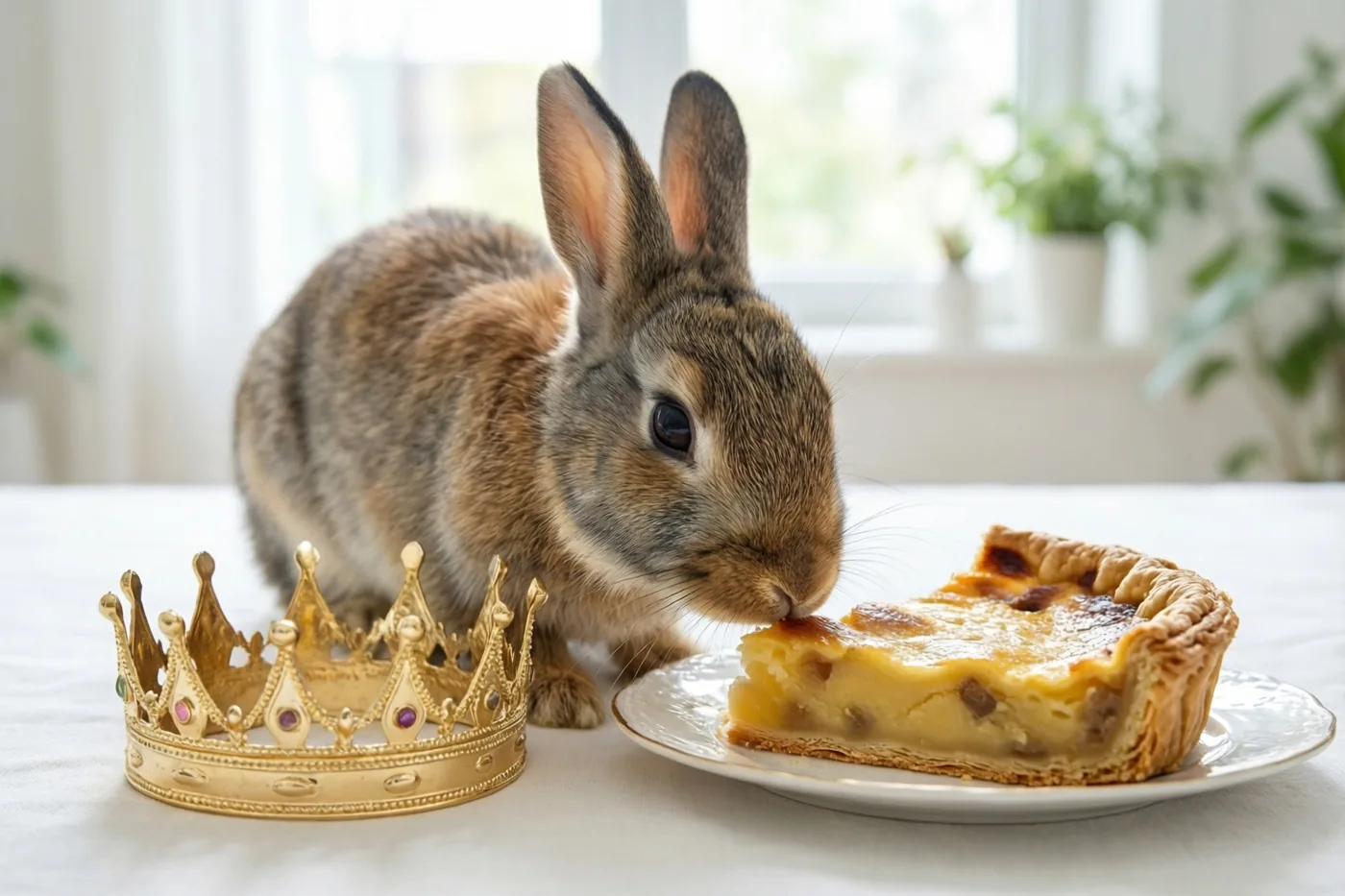 Een bruin konijn snuffelt aan een stuk taart op een wit bord naast een gouden kroon op een wit tafelkleed, bij een raam met zacht daglicht.