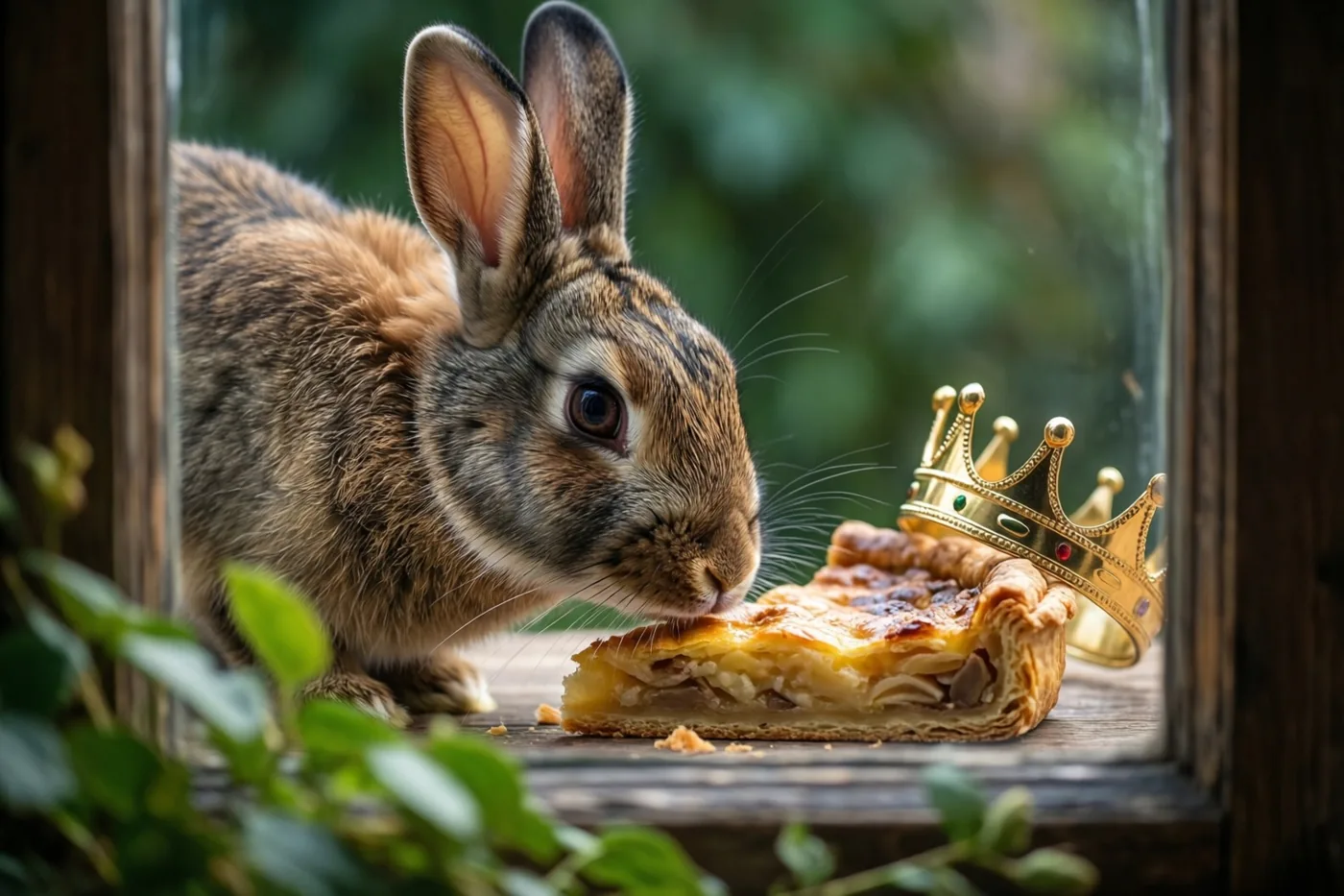 Een bruin konijn snuffelt aan een stuk goudbruine taart op een houten vensterbank naast een kleine gouden kroon, met een houten raamkader en groen gebladerte rondom.