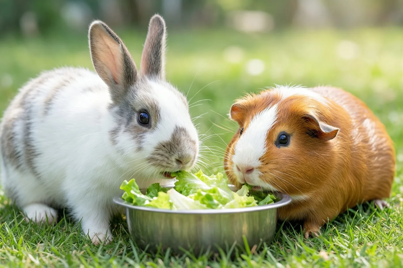 Een wit-grijs konijn en een bruin-witte cavia eten samen sla uit een metalen kom op groen gras.