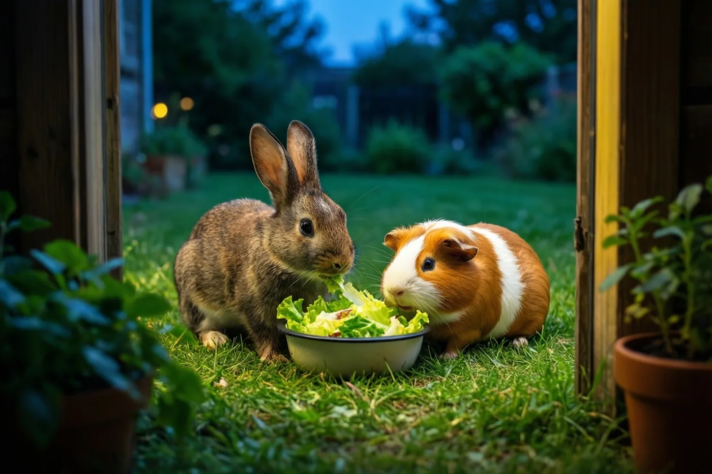 Een bruin konijn en een bruin-witte cavia eten sla uit een witte kom op groen gras, omlijst door een houten deuropening in de schemering.