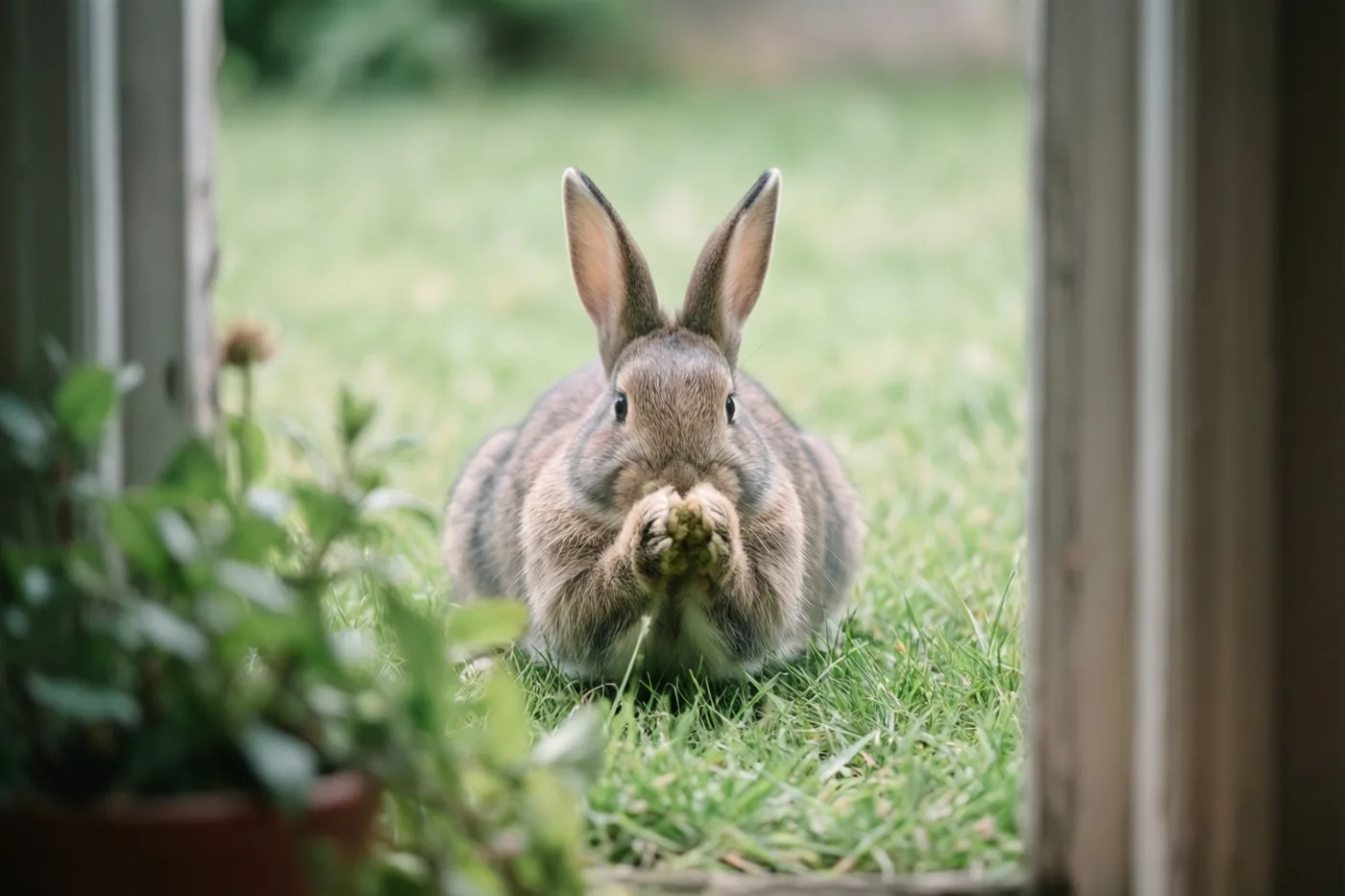 Door een houten raamkozijn is een bruin konijn in het gras te zien dat wat groen met zijn voorpoten bij zijn mond houdt, met een potplant op de voorgrond.