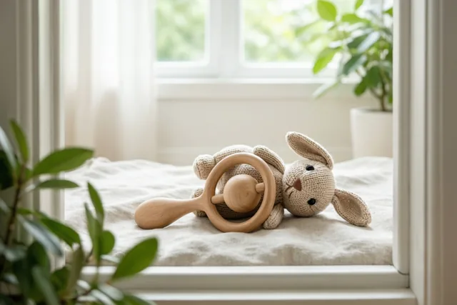 Een houten rammelaar en een gebreid konijn liggen op een linnen deken op een vensterbank, met groene planten ervoor en erachter in zacht daglicht.