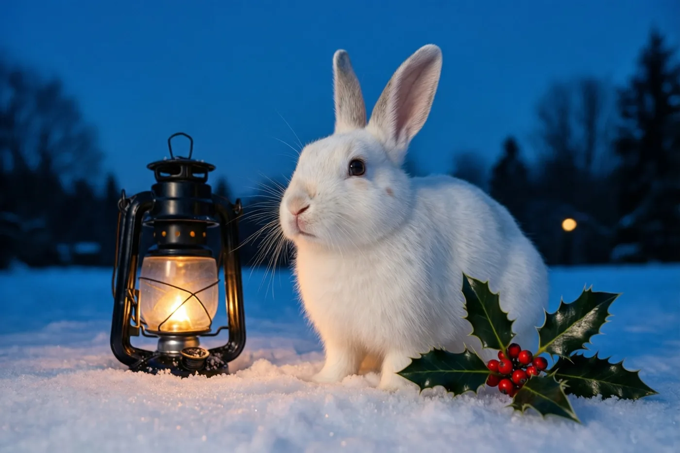 Een wit konijn zit bij schemering in de sneeuw naast een brandende lantaarn en een hulsttakje met rode bessen, onder een diepblauwe hemel.