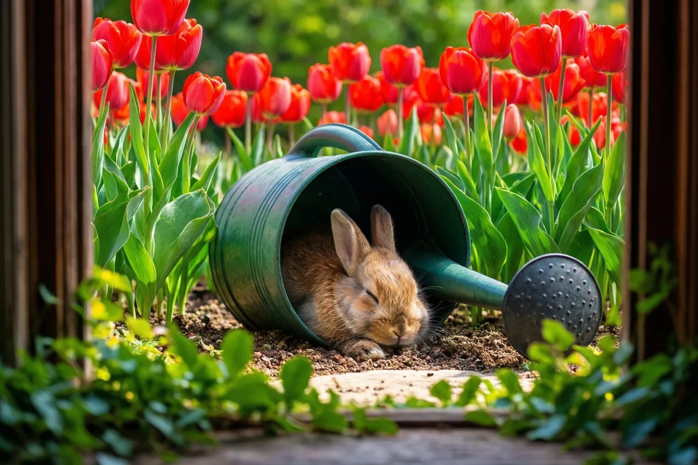 Door een houten raam is een klein bruin konijn te zien dat slaapt in een omgevallen groene gieter op de aarde tussen rode tulpen.