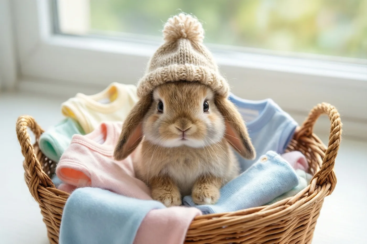 Een klein bruin konijn met een beige gebreide pomponmuts zit in een rieten mand met pastelkleurige babykleertjes, bij een raam in zacht daglicht.