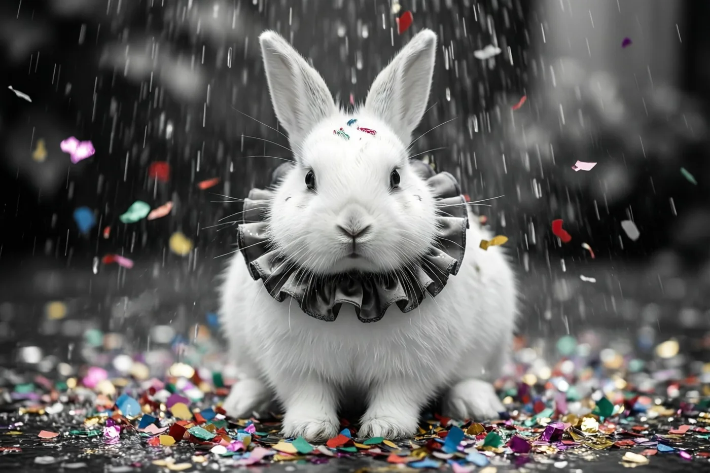 Een wit konijn met een rucheskraag zit tussen vallende en verspreide kleurrijke confetti in een verder monochroom beeld.