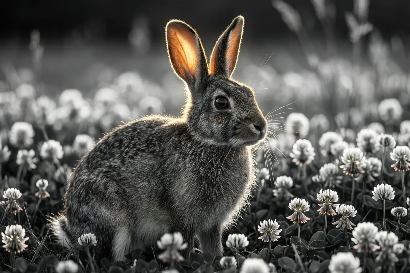 Een wild konijn zit rechtop tussen witte klaver in een grotendeels zwart-wit beeld, waarin zijn oren en enkele klaverbloemen kleur behouden in het avondlicht.