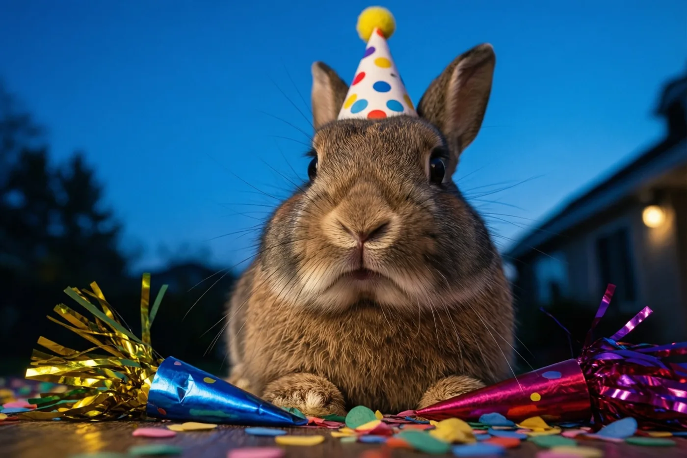 Een bruin konijn met een kleurrijk gestippeld feesthoedje zit buiten op een houten oppervlak tussen confetti en twee confettikanonnetjes, met een blauwe schemerhemel en een huis op de achtergrond.