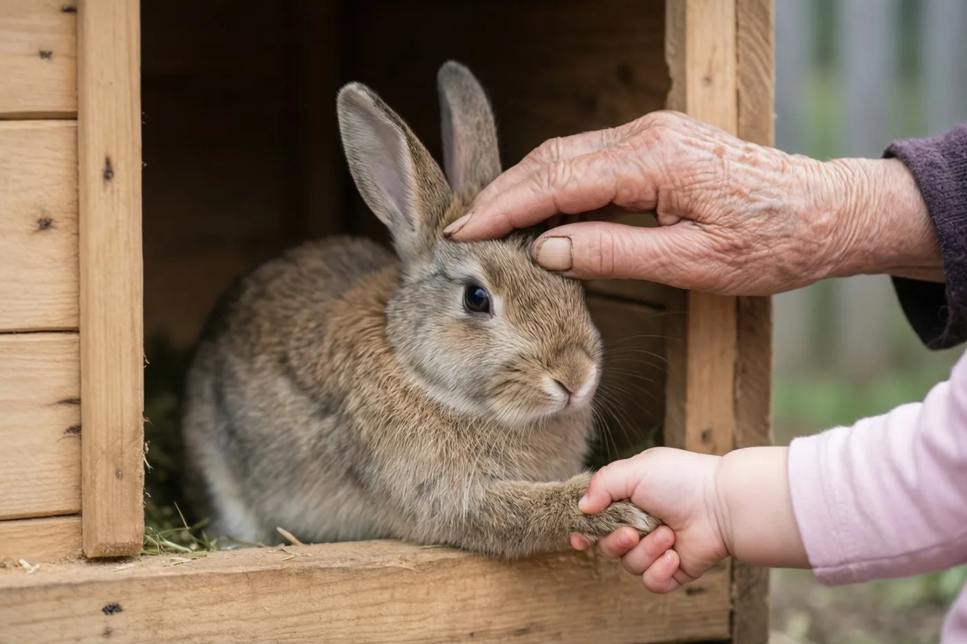 Een oude hand aait een bruin konijn in een houten hok terwijl een peuterhand het pootje vasthoudt, buiten in natuurlijk licht.