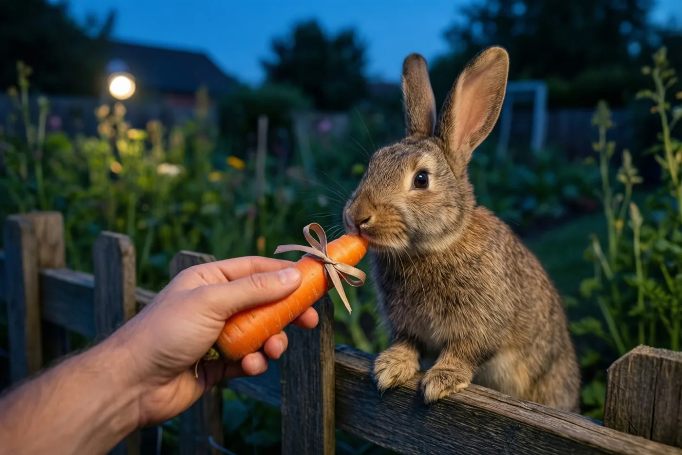 Een hand biedt een bruin konijn op een houten tuinhek een wortel met een lint aan, bij schemering in blauwe en groene tinten met warm licht van een tuinlamp.