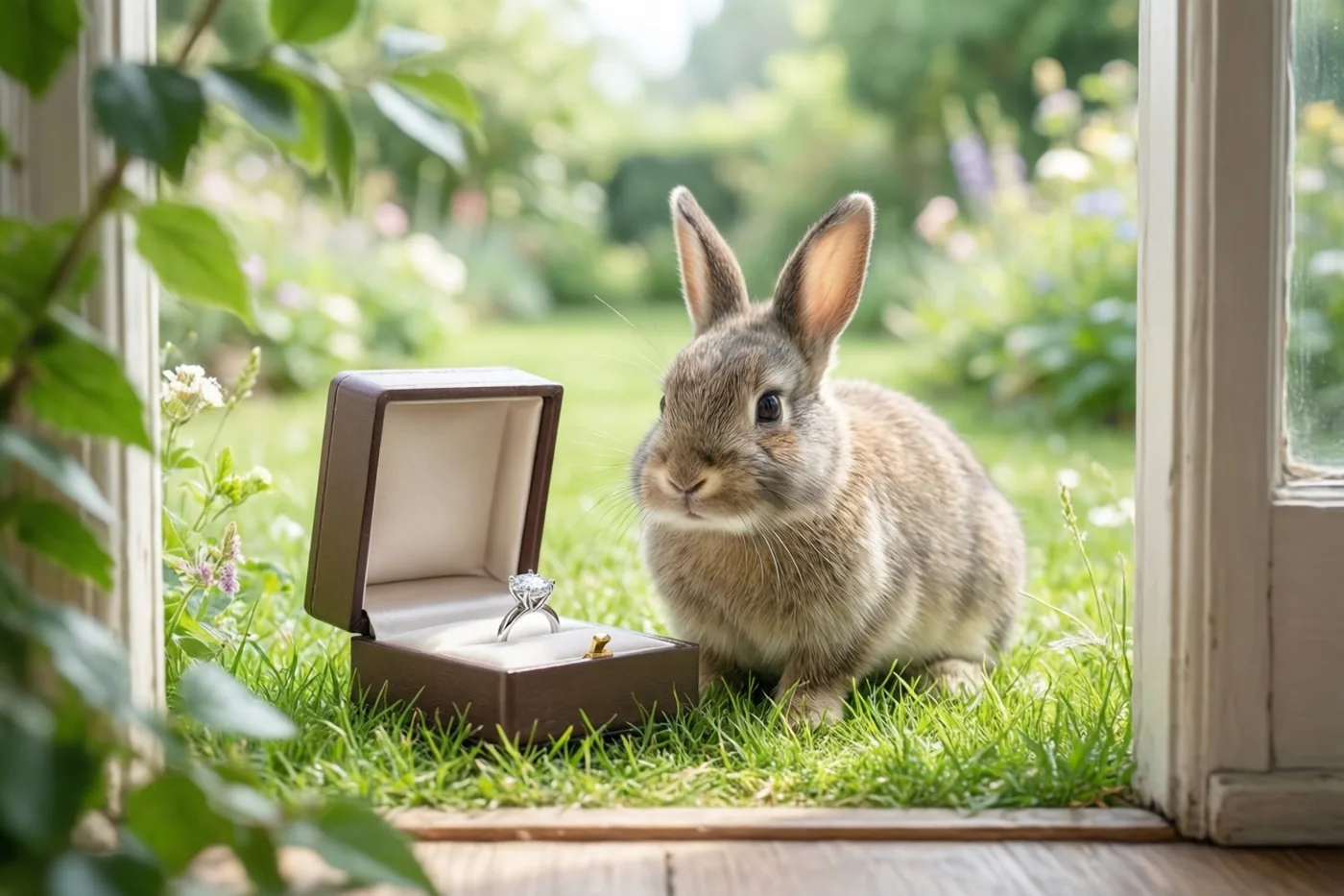 Door een open deuropening is een klein bruin konijn te zien op het gras in een zonnige tuin, naast een open bruin doosje met een diamanten ring met één steen.