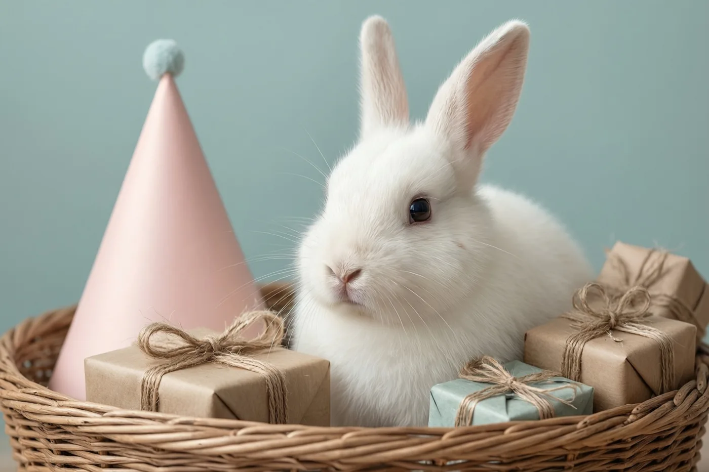 Een wit konijn zit in een rieten mand naast ingepakte cadeaus en een roze feesthoedje, tegen een effen blauwgroene achtergrond.